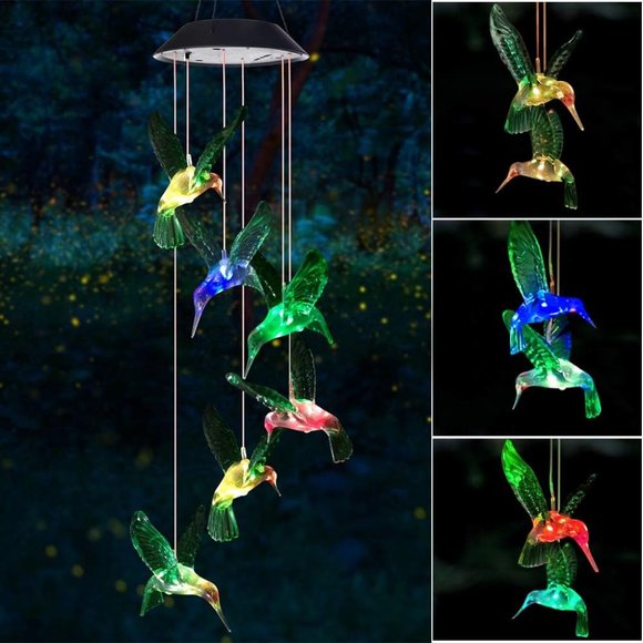Six Foxes Acrylonitrile Butadiene Styrene Hummingbird Solar Chimes Outdoor Decor - Picture 1 of 15